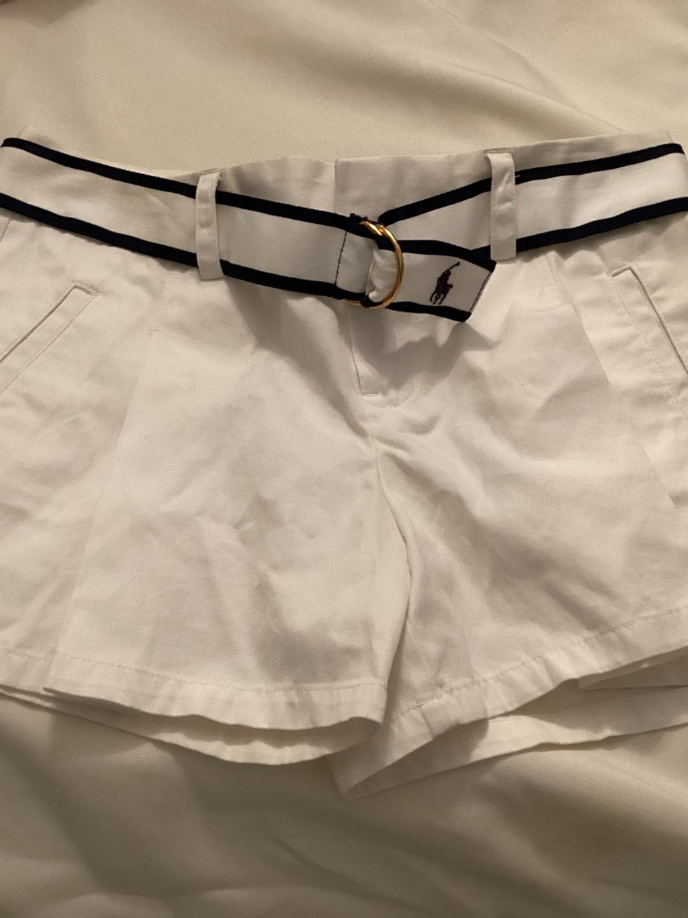 Ralph Lauren White Cotton Shorts with Navy-Trim Belt and Gold Buckle